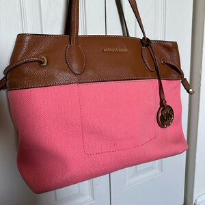 Michael Kors peachy pink fabric with leather tote